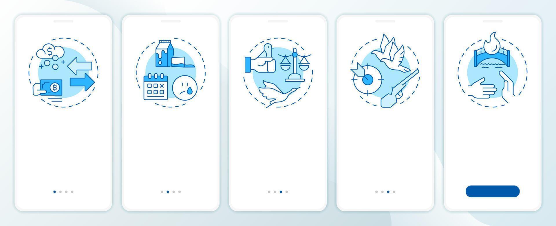 Decision consequences blue onboarding mobile app screen. Walkthrough 5 steps editable graphic instructions with linear concepts. UI, UX, GUI vector
