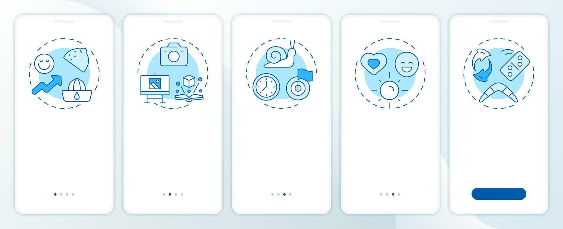 Personal resilience blue onboarding mobile app screen. Success, positivity. Walkthrough 5 steps editable graphic instructions with linear concepts. UI, UX, GUI vector
