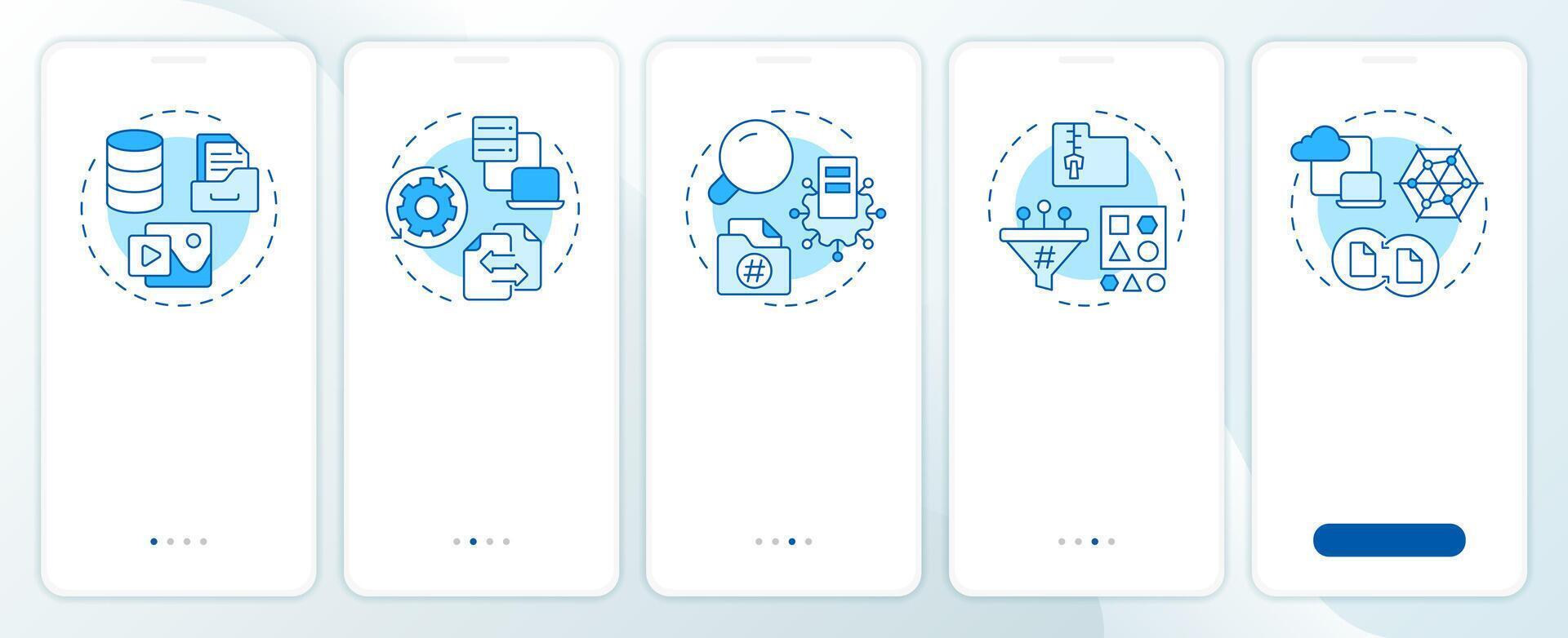 Features of PIM blue onboarding mobile app screen. Product info management. Walkthrough 5 steps editable graphic instructions with linear concepts. UI, UX, GUI vector