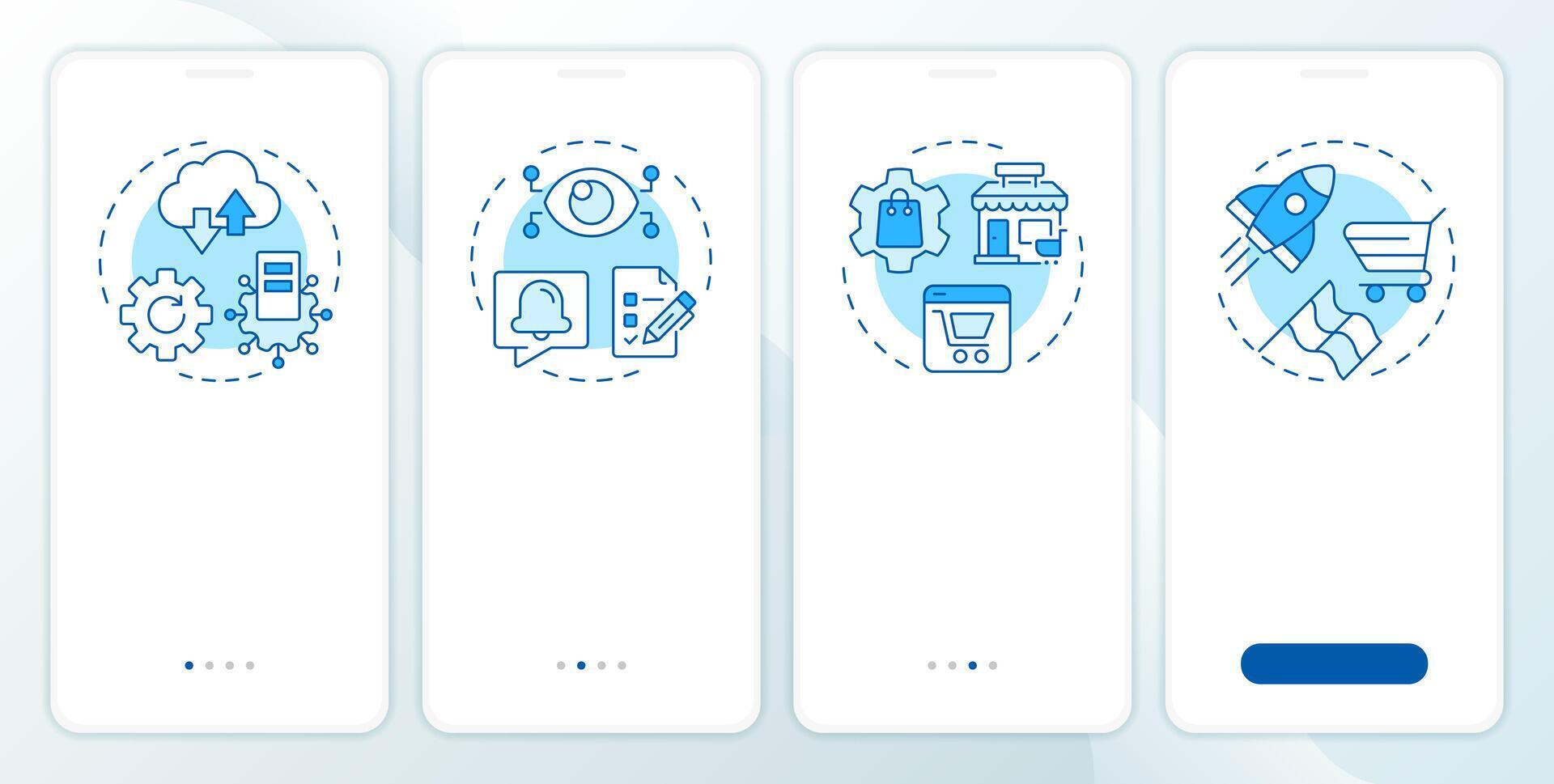 Benefits of using PIM system blue onboarding mobile app screen. E commerce. Walkthrough 4 steps editable graphic instructions with linear concepts. UI, UX, GUI vector