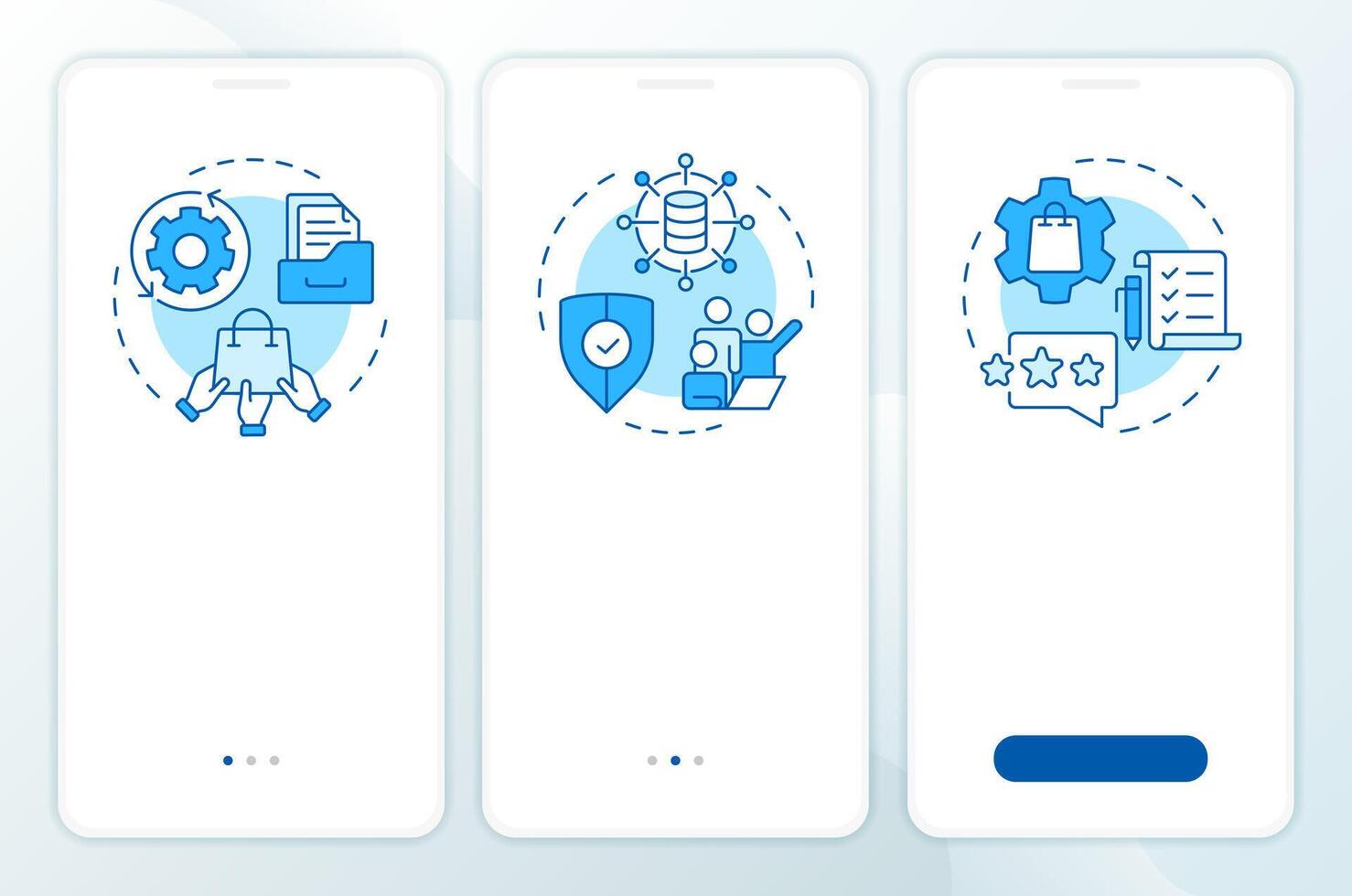 PIM vs MDM vs PEM blue onboarding mobile app screen. Product data. Walkthrough 3 steps editable graphic instructions with linear concepts. UI, UX, GUI vector