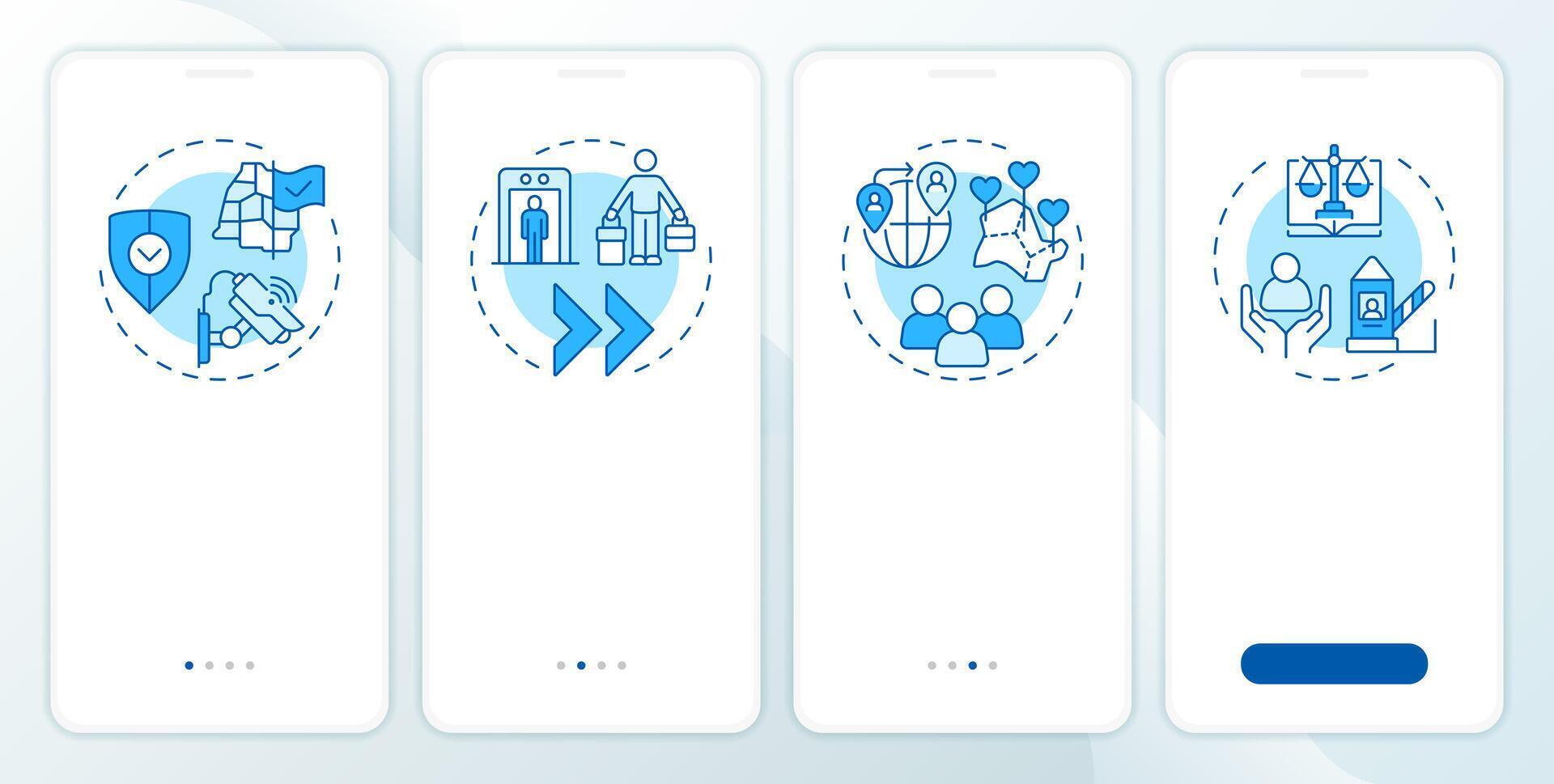 Benefits of border management blue onboarding mobile app screen. IBM. Walkthrough 4 steps editable graphic instructions with linear concepts. UI, UX, GUI vector