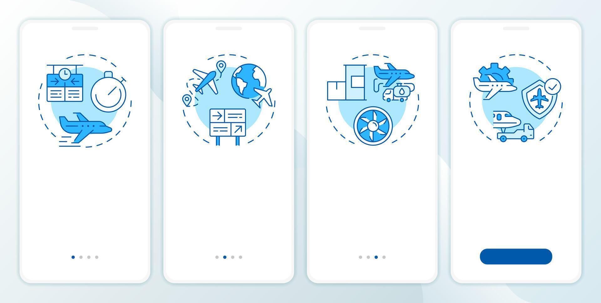 Air control benefits blue onboarding mobile app screen. Walkthrough 4 steps editable graphic instructions with linear concepts. UI, UX, GUI vector