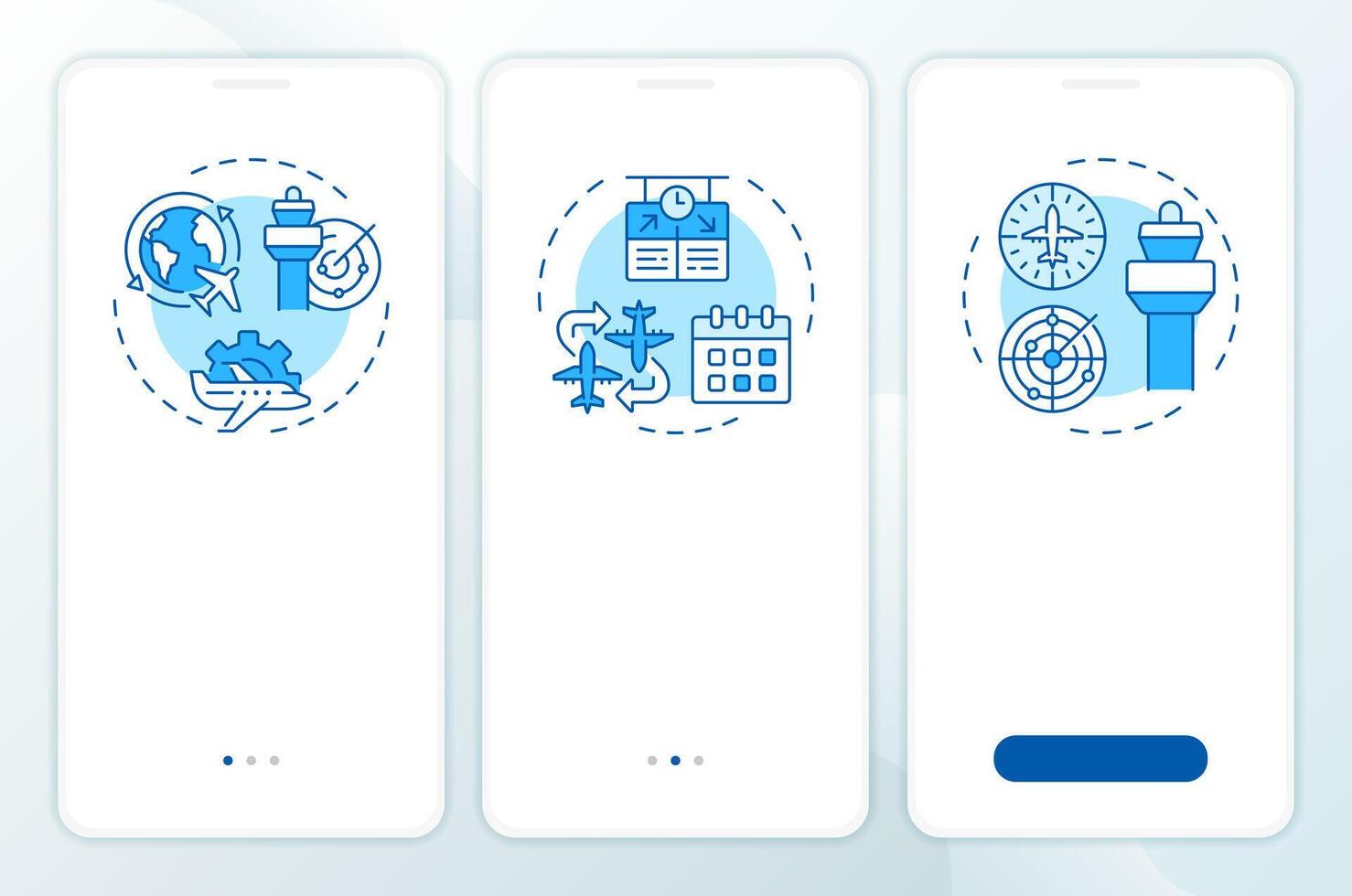 Aviation traffic management blue onboarding mobile app screen. Walkthrough 3 steps editable graphic instructions with linear concepts. UI, UX, GUI vector