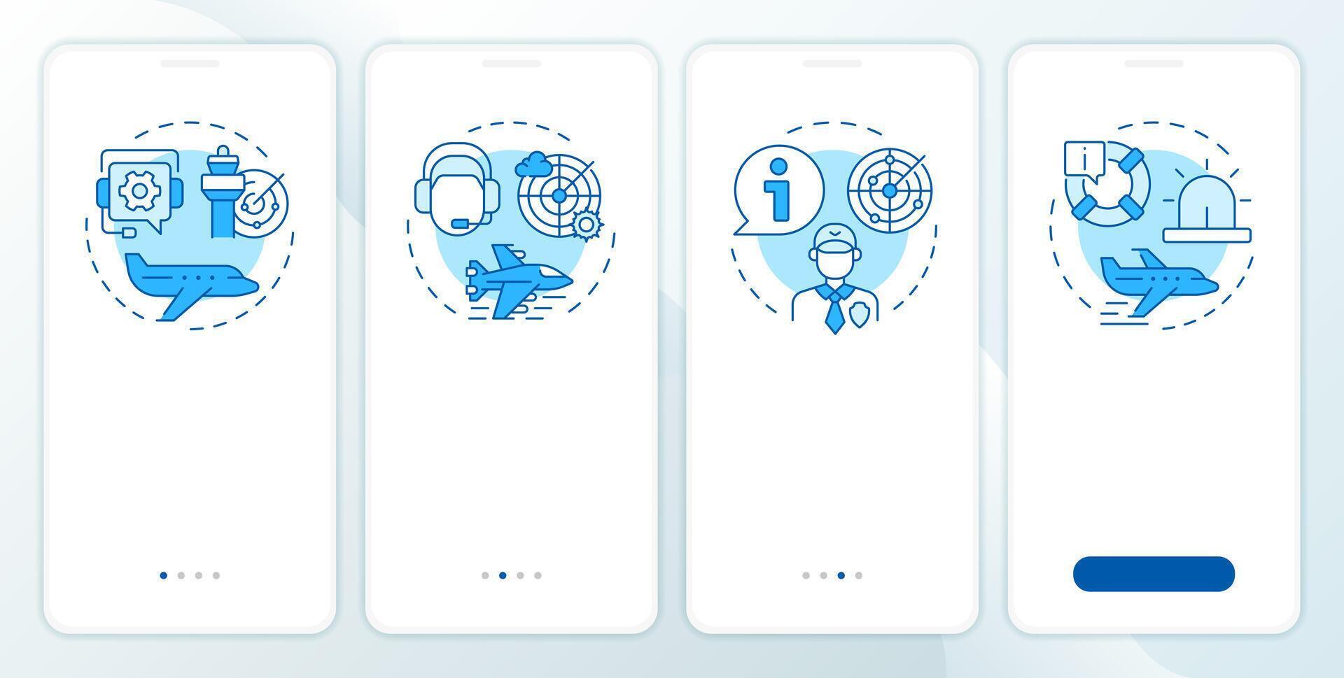 Flight services blue onboarding mobile app screen. Air traffic. Walkthrough 4 steps editable graphic instructions with linear concepts. UI, UX, GUI vector