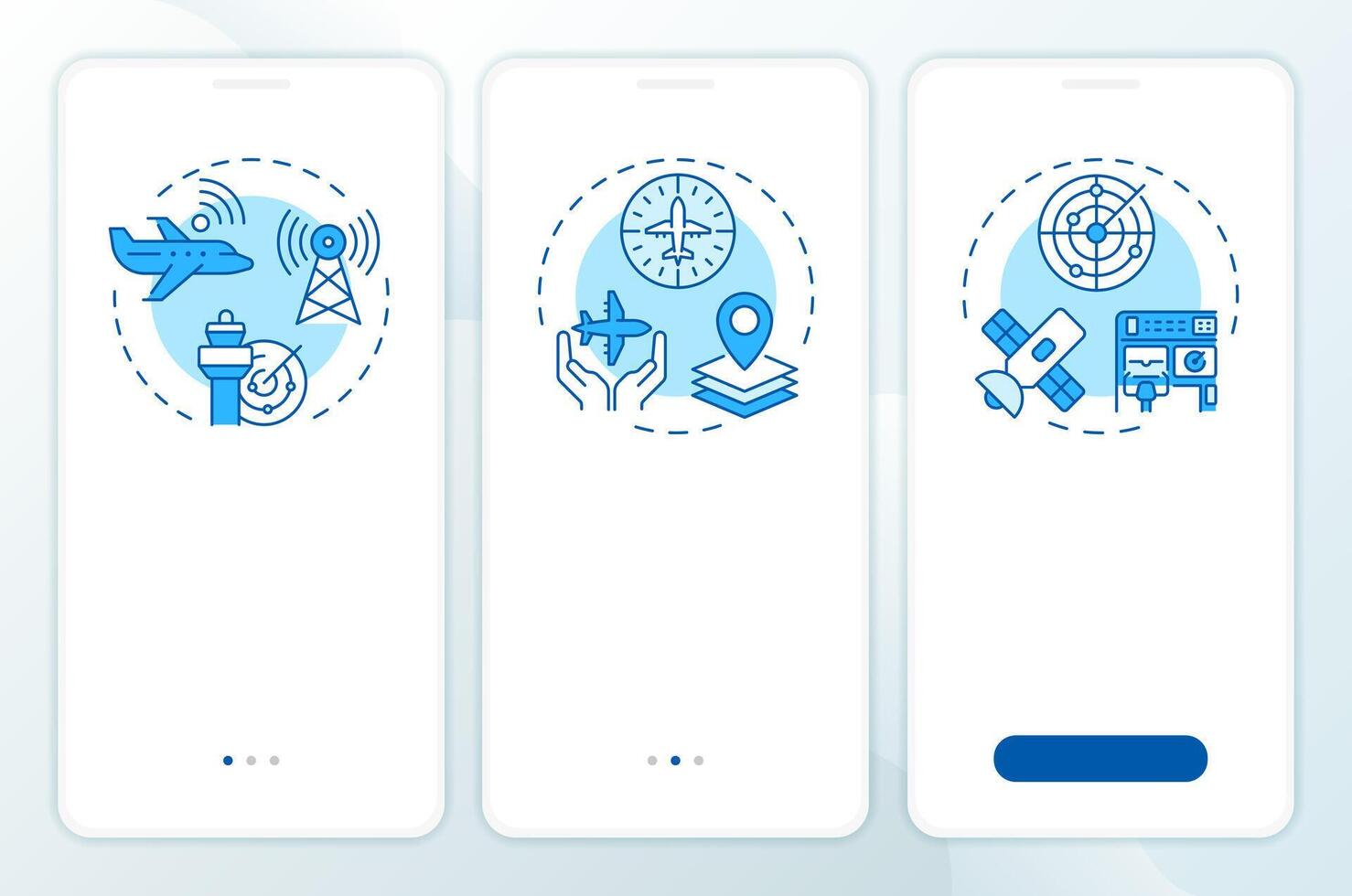 Aeronautical technology blue onboarding mobile app screen. Walkthrough 3 steps editable graphic instructions with linear concepts. UI, UX, GUI vector