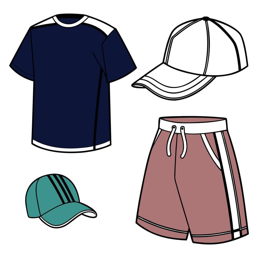 Stylish Sport Outfit Tee, Shorts, and Cap for Active Kids vector