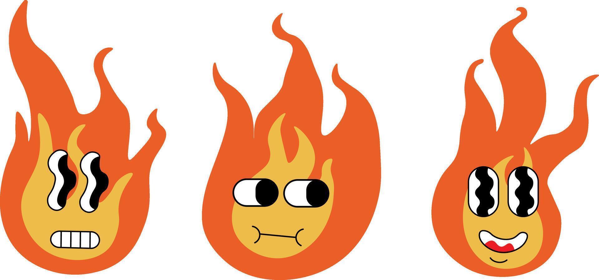 groovy fire face set in hand drawn style vector