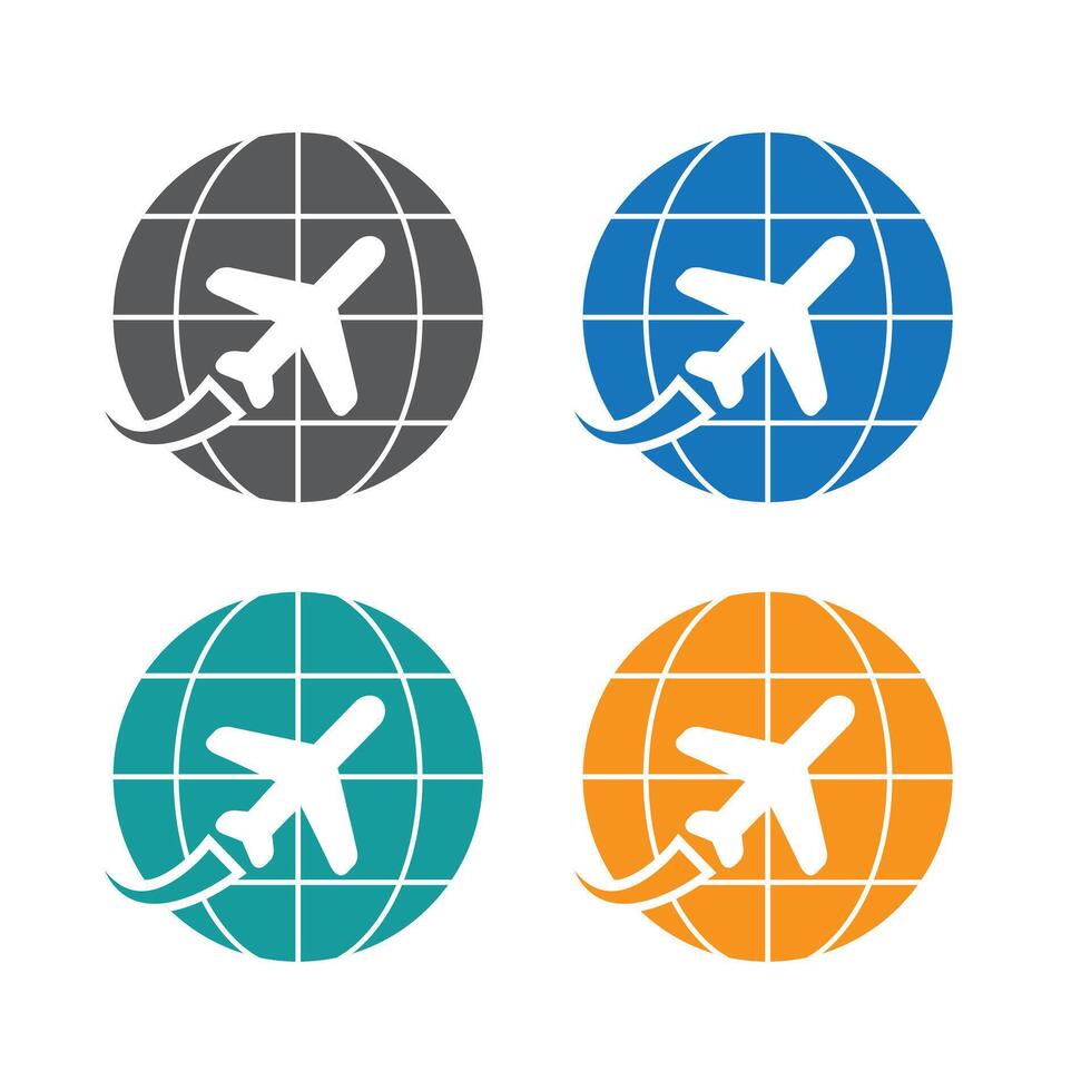 An airplane flies around the globe in three color variations. vector
