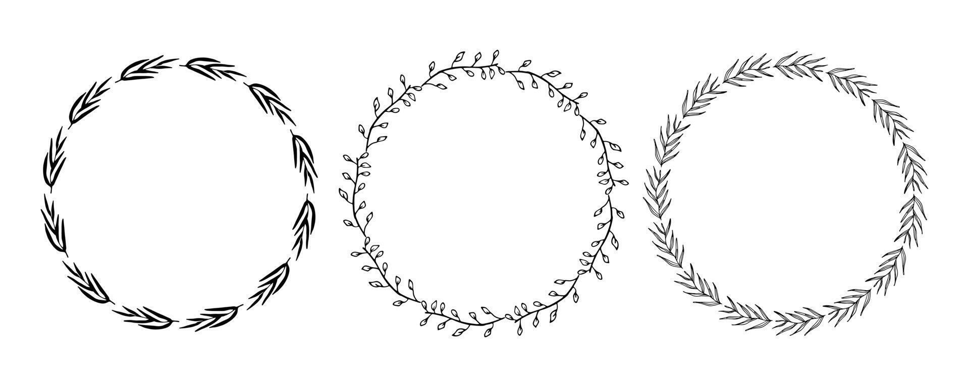 Set of black round frames made of plant branches. vector