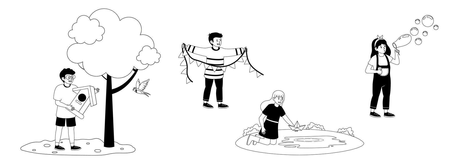Children engage in playful outdoor activities in a park during a sunny day vector