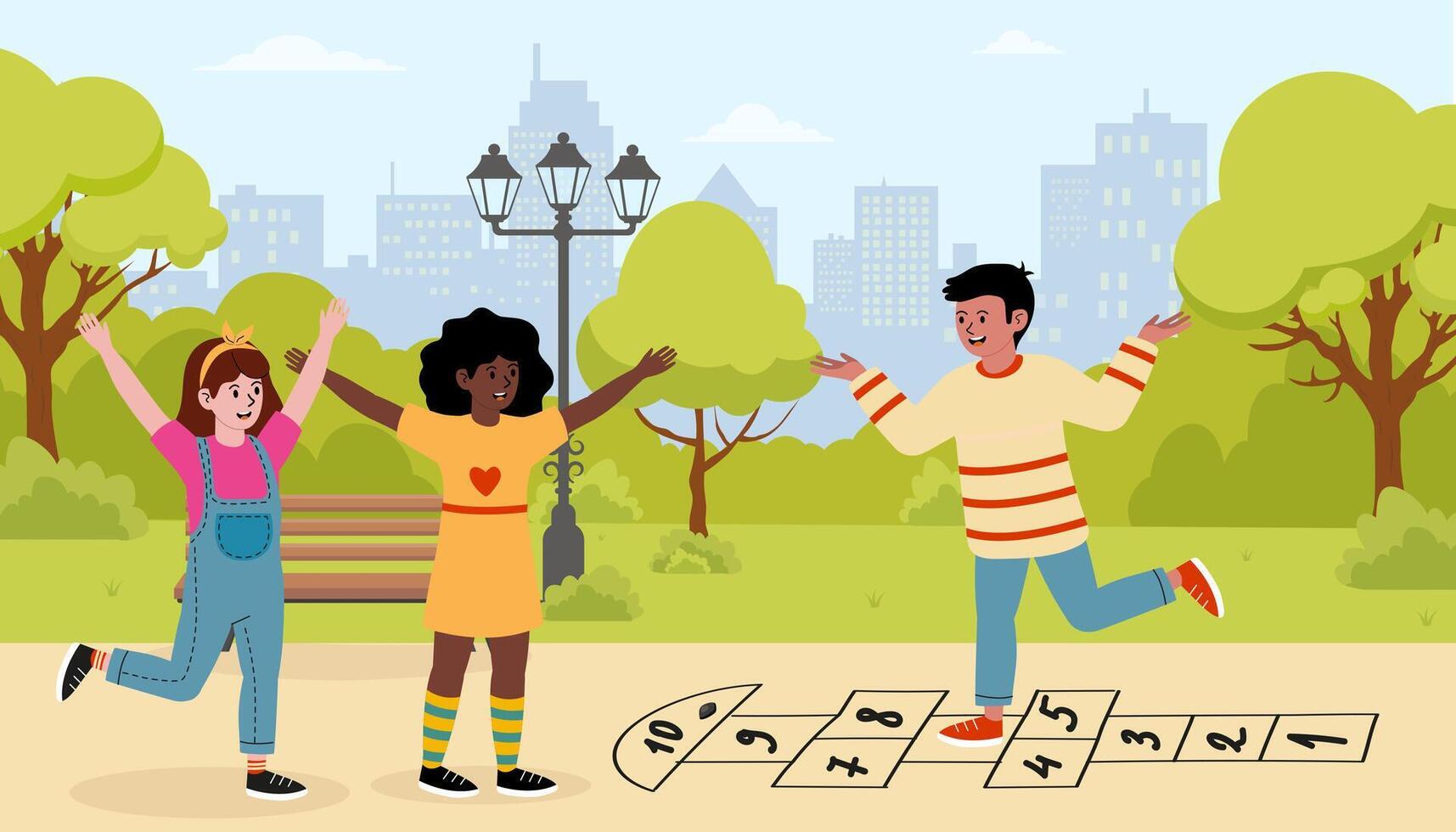 Children playing hopscotch in a city park during a sunny day vector