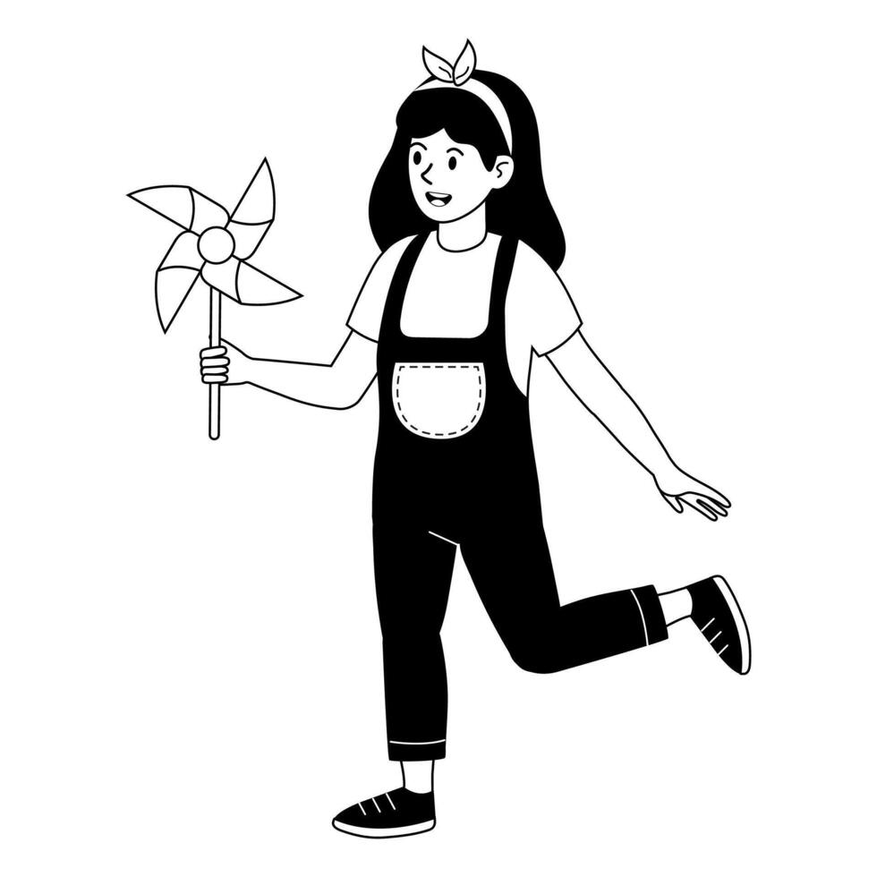 Girl enjoying a sunny day while playing with a pinwheel in a park setting vector