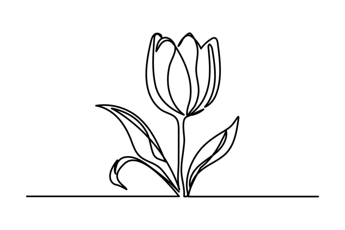 Tulip one line drawing. Abstract flower continuous line. Minimalist contour drawing of tulip. Continuous line drawing of flower tulip. Hand drawn sketch of flower with leaves. vector