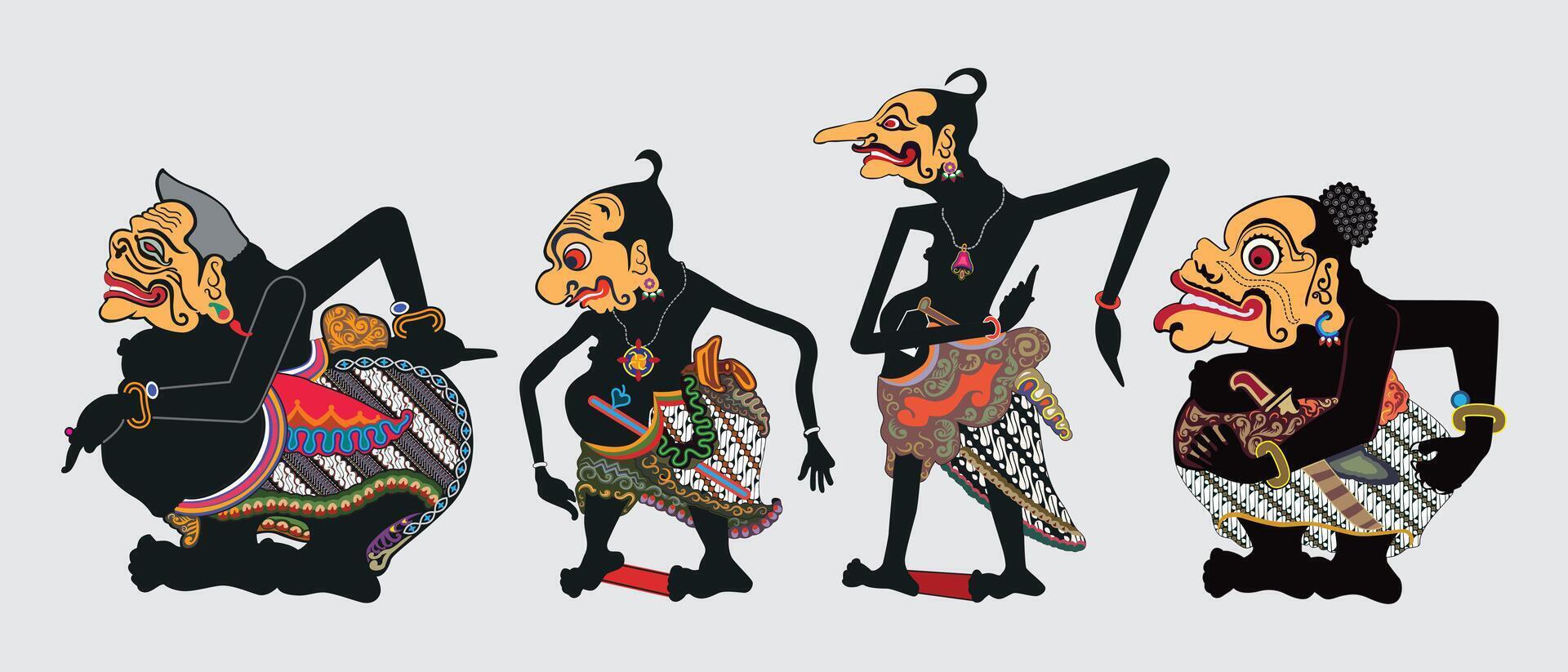 Punakawan Wayang Kulit Indonesian Shadow Puppet Art Form, Semar, Gareng, Petruk, Bagong, Illustration. vector