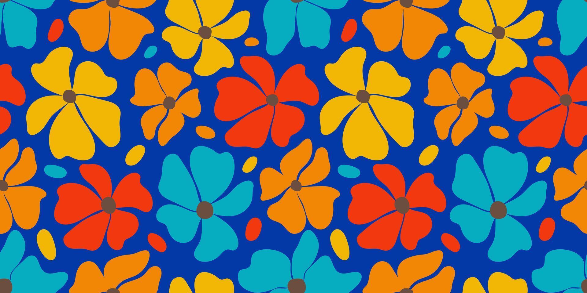 Seamless bright floral pattern with groovy flowers. For fabric, textiles, wrapping paper, covers, and banners. Playful charm spring flowers vector
