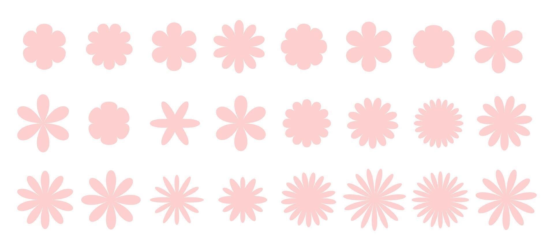 Different pink chamomile silhouette shapes big set. Delicate daisy icon isolated on white background. Cute collection round flower plants. Flat design vector
