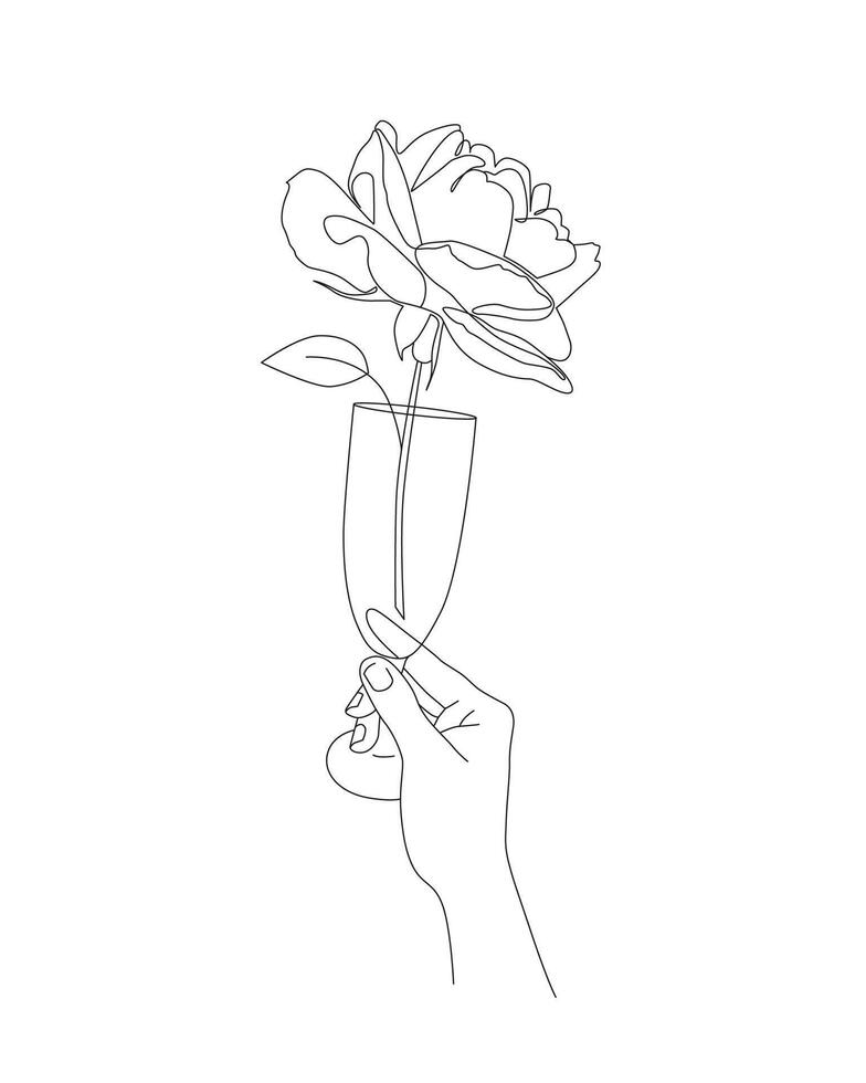Romantic modern poster or card design with hand drawn line art. Illustration of a glass with Rose flower in a drinking glass vector