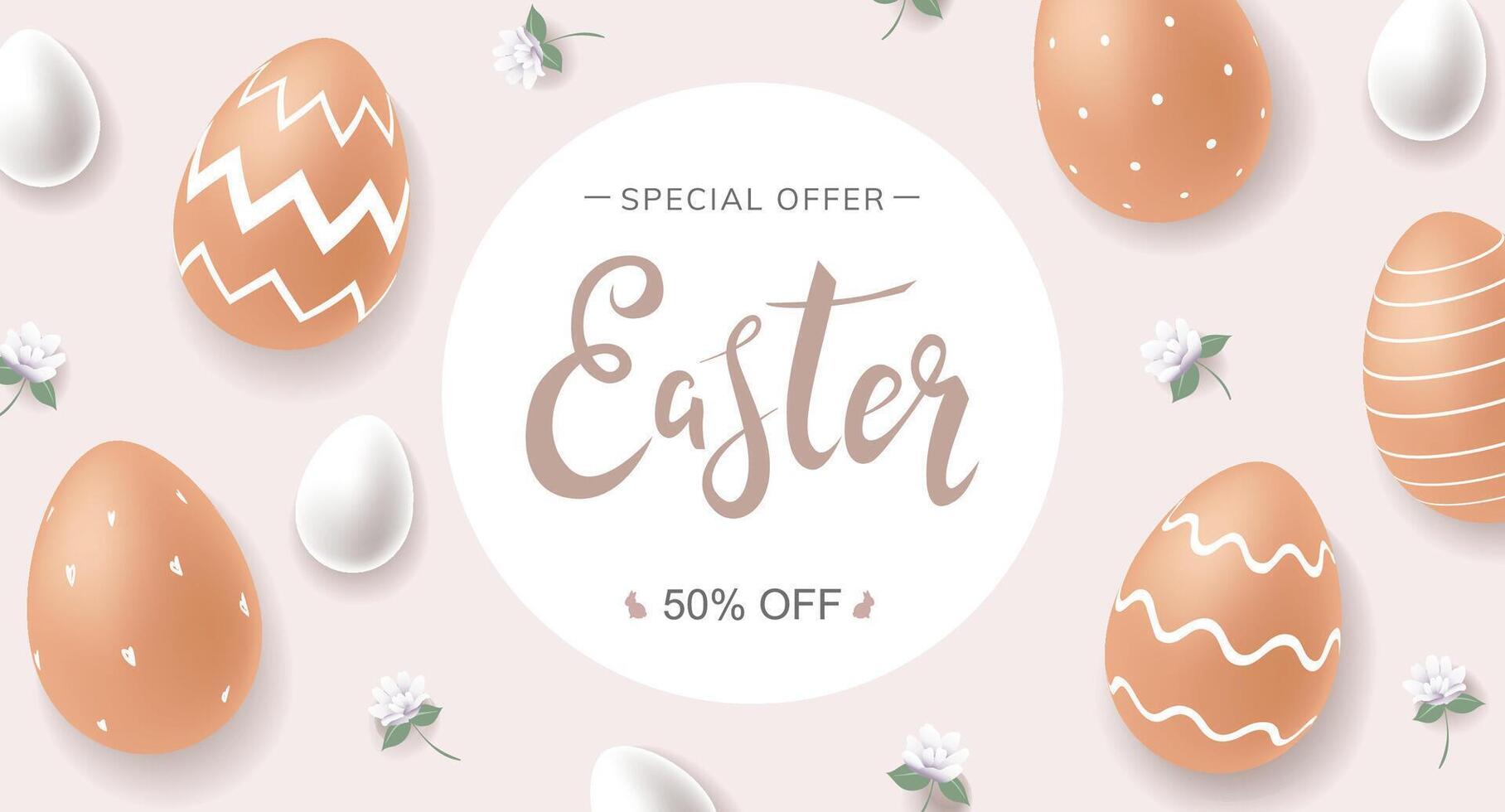 Easter Sale banner design concept with handwritten lettering in circle, brown chicken eggs with white ornament and small white eggs on pale beige background with little flowers vector