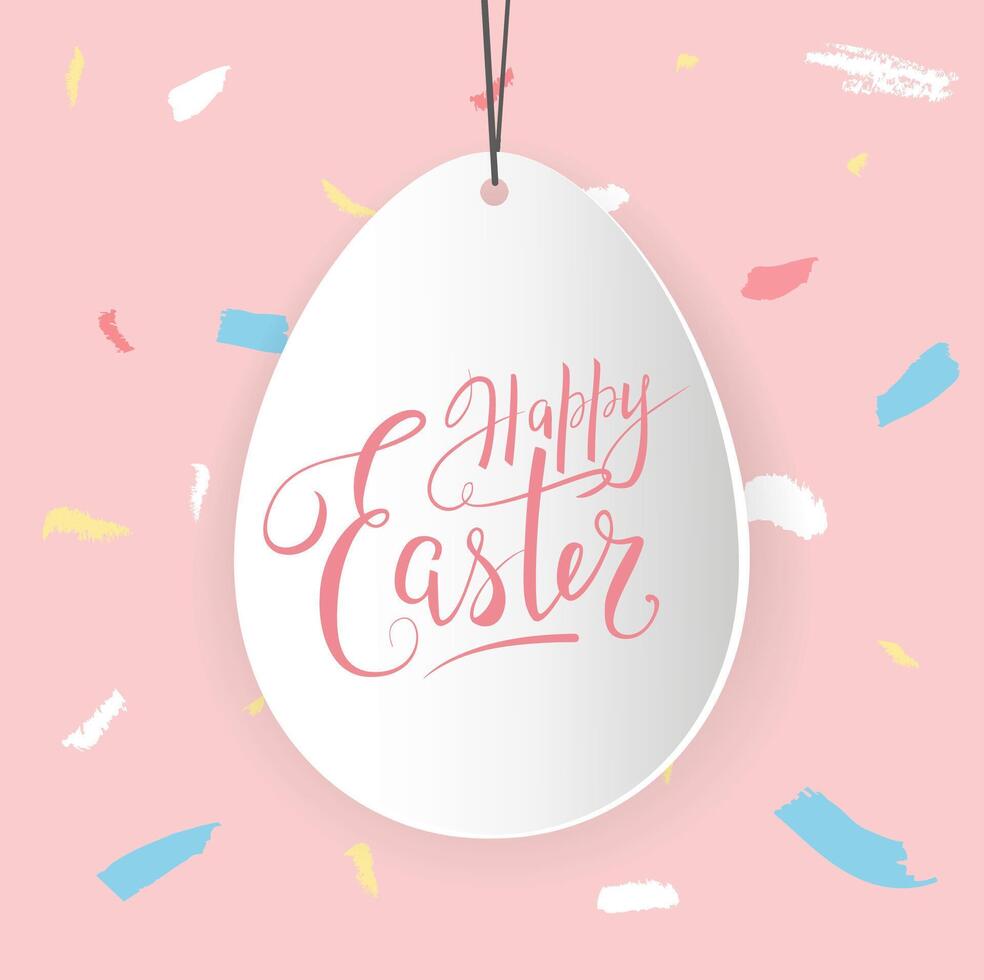 Happy Easter greeting card or banner design with handwritten lettering on paper white egg, on abstract pink background vector