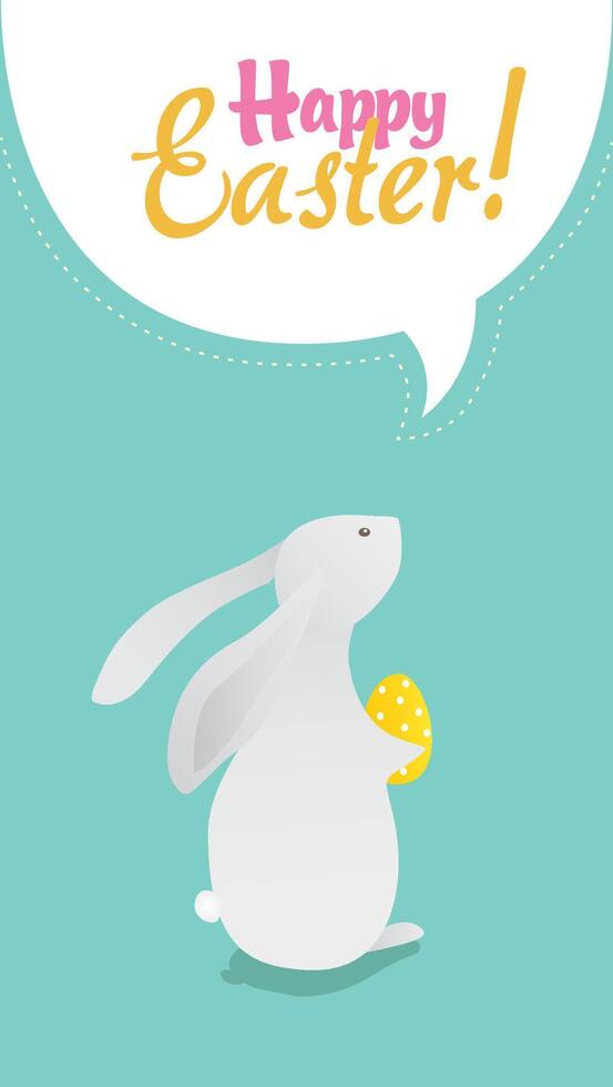 Cute white rabbit with Easter egg on green background illustration. Happy Easter greeting card vector