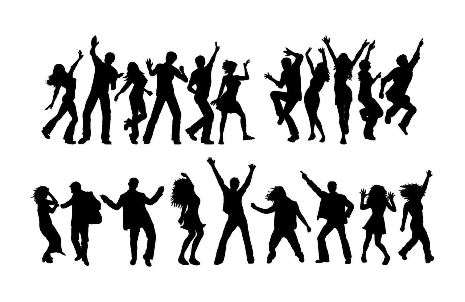 set of black silhouettes of dance party crowd vector