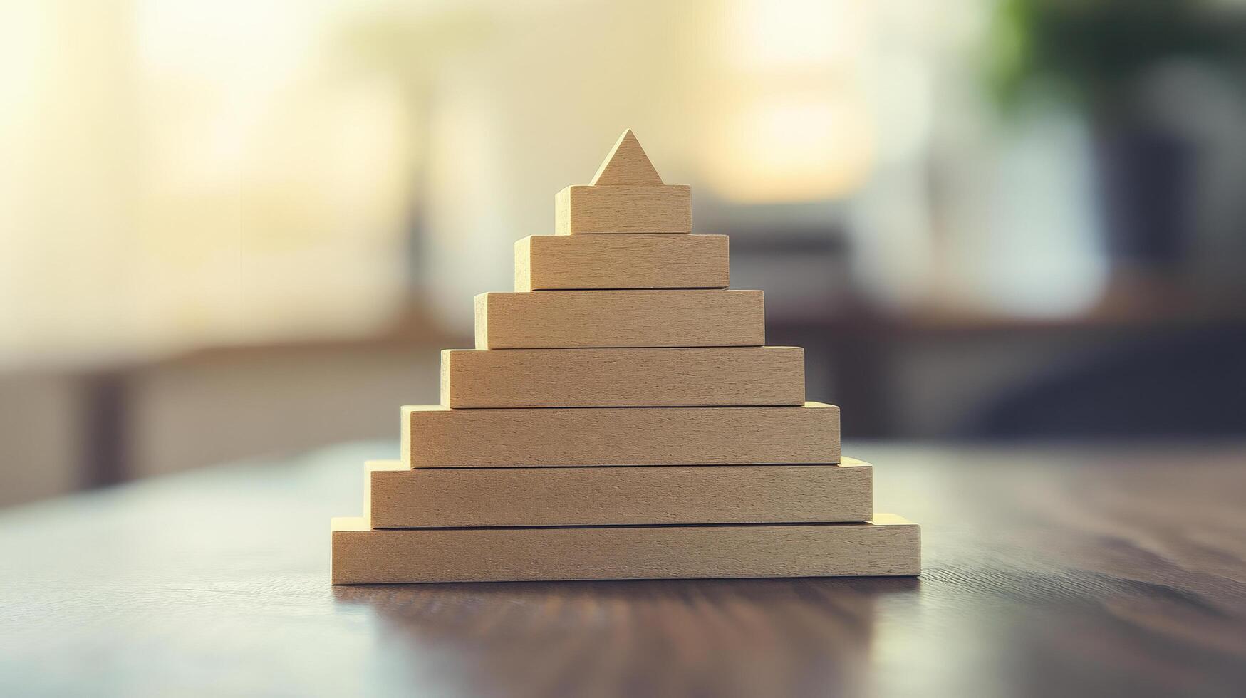 A wooden pyramid on a table with a blurry background photo