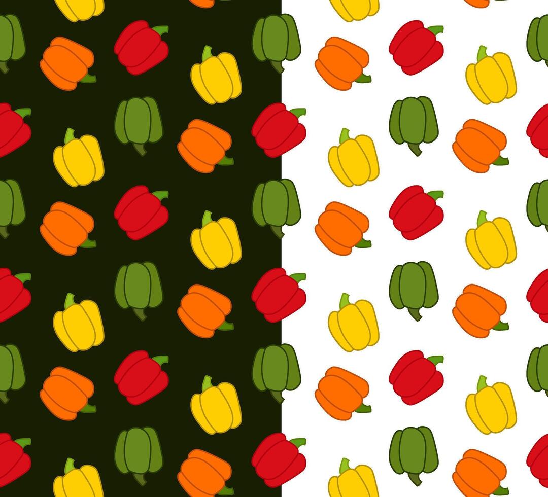 Bell pepper colored seamless pattern. flat yellow, orange, green, red peppers on transparent background. illustration for package, kitchen design, fabric and textile. Eat green vector