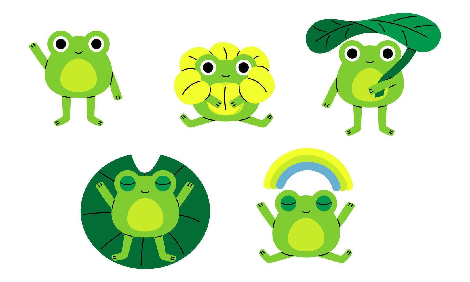Set of cute cartoon frogs in poses waving, meditating on a lily pad, sitting with a rainbow, holding a leaf umbrella, in flowers. Flat illustration for kids products, stickers. Childish character vector