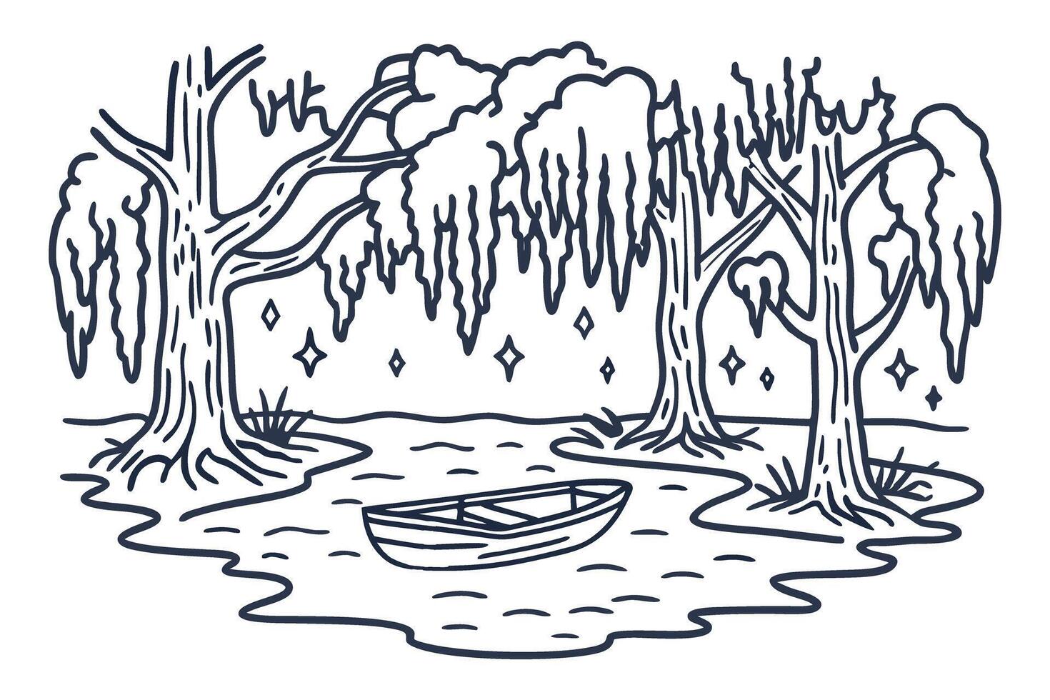 Swamp scene with boat and willow trees under starry night sky in line art illustration vector