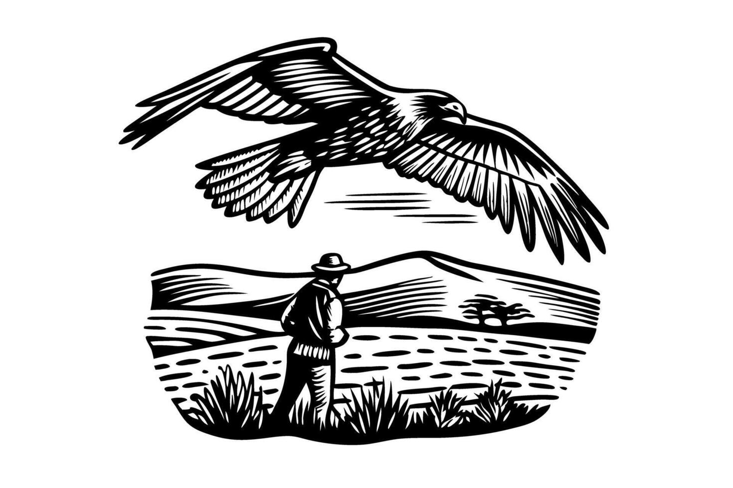Eagle soaring above landscape man with cane walks in nature black and white illustration of freedom vector