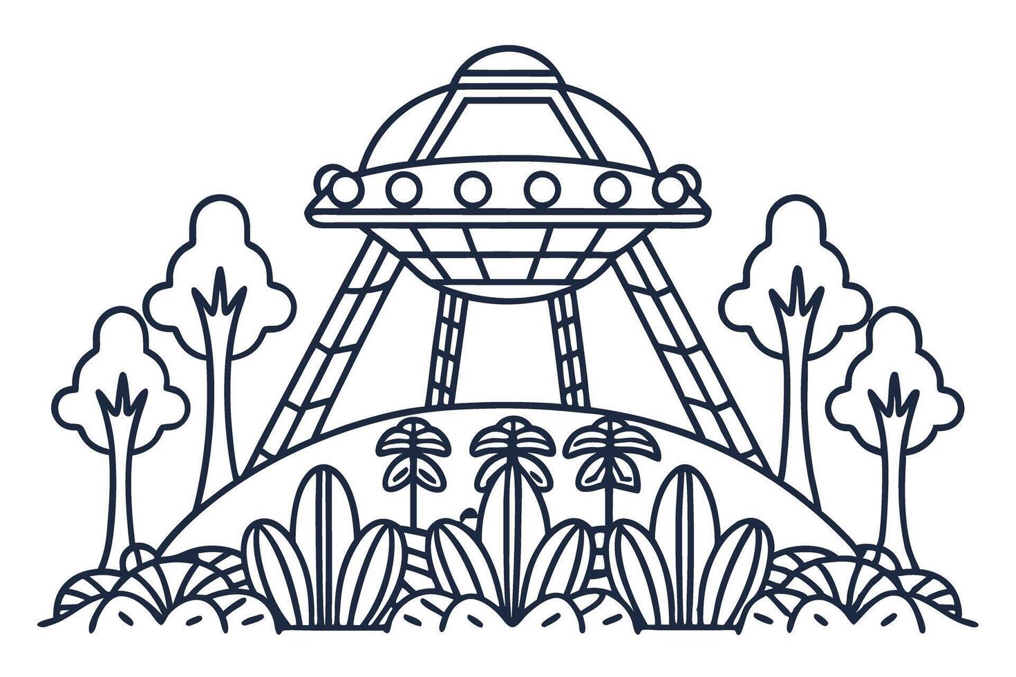 ufo landing in forest alien spaceship with trees, nature scene, extraterrestrial adventure vector