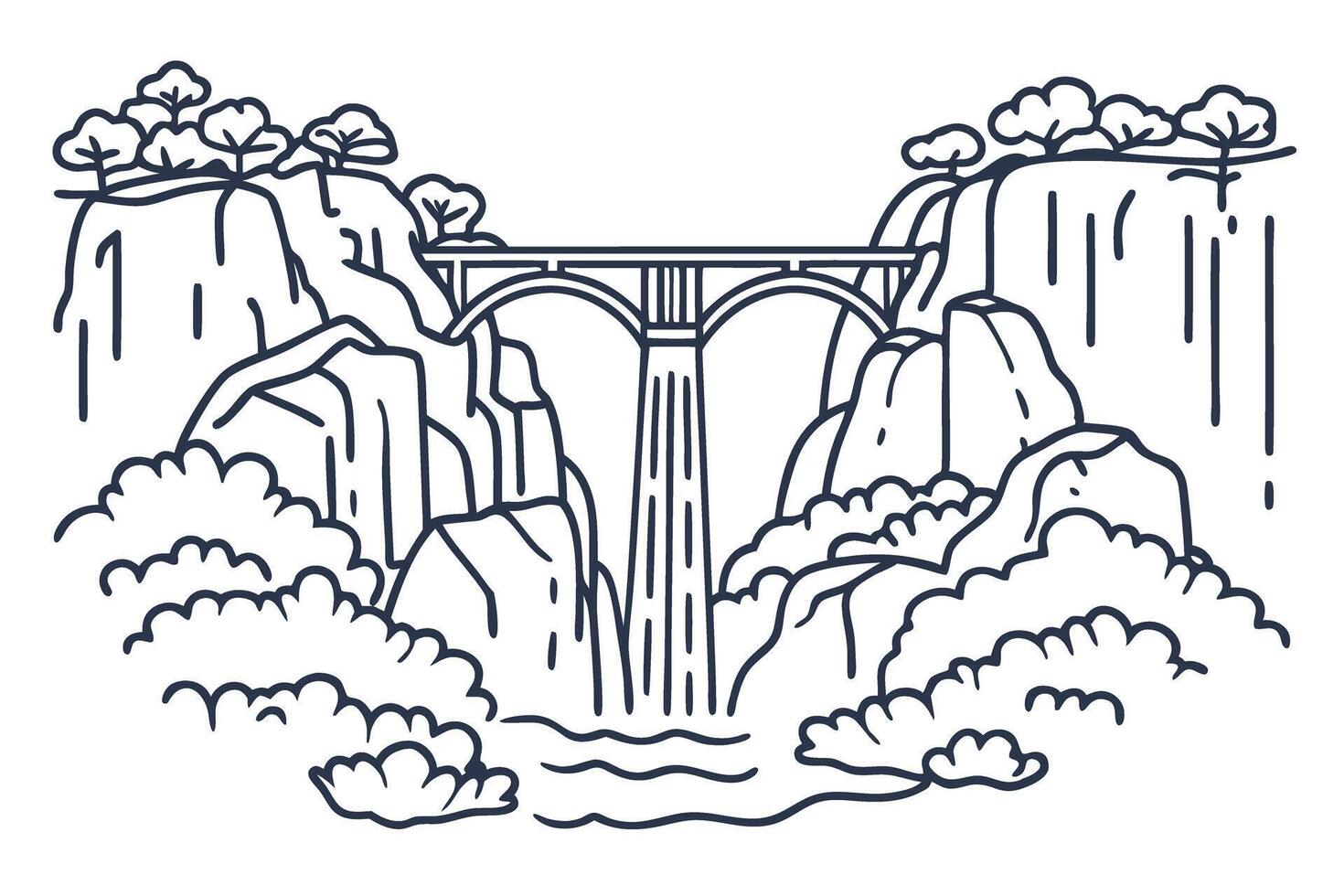 line art illustration of a scenic waterfall and bridge surrounded by cliffs and trees vector
