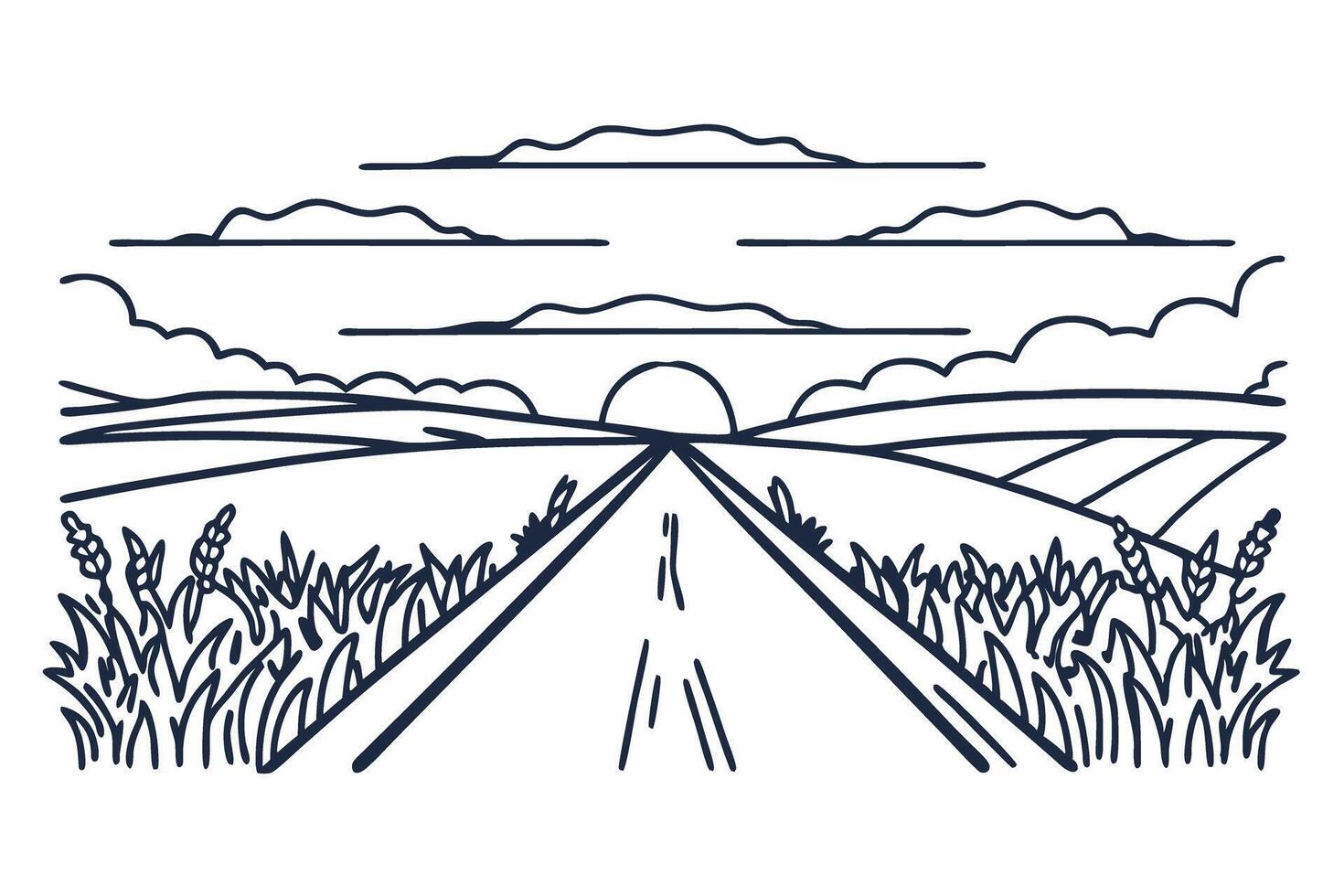 scenic countryside road at sunrise with wheat fields and cloudy skies in minimal line art vector