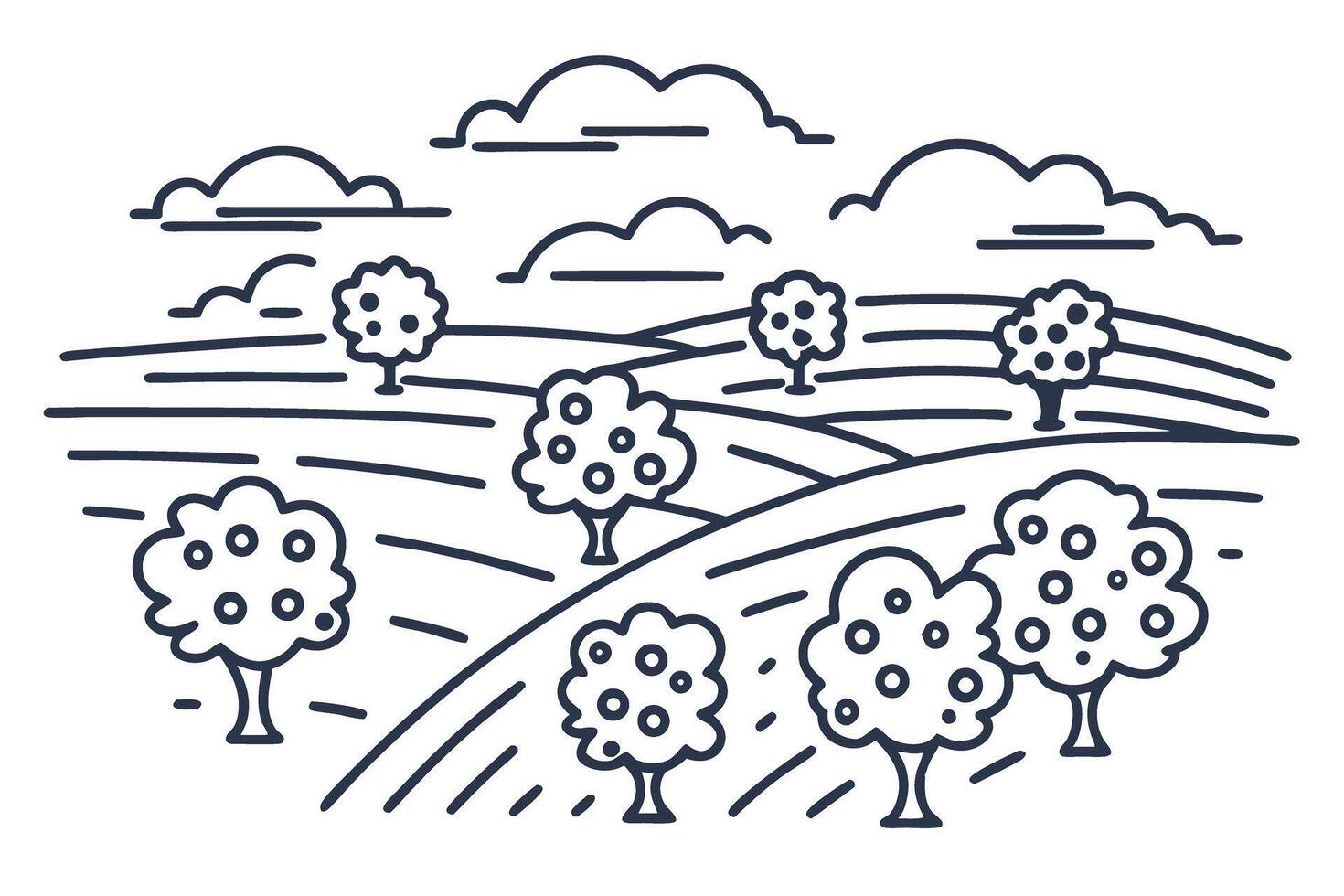 Scenic landscape illustration with trees and rolling hills under cloudy sky vector