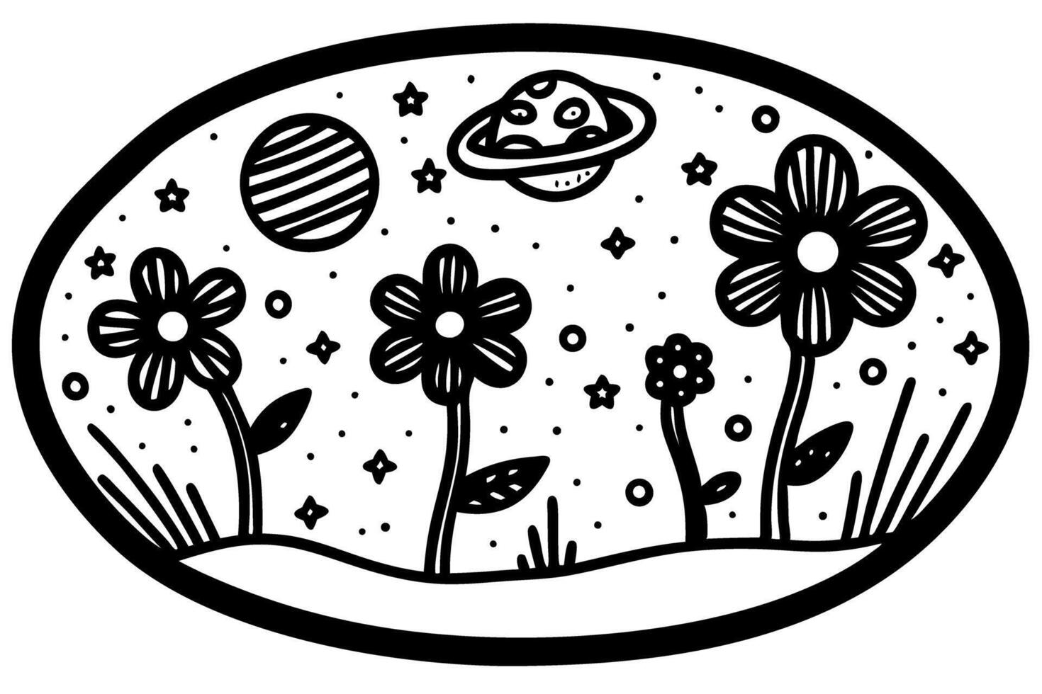 Space inspired floral scene with planets and stars, cosmic garden illustration vector