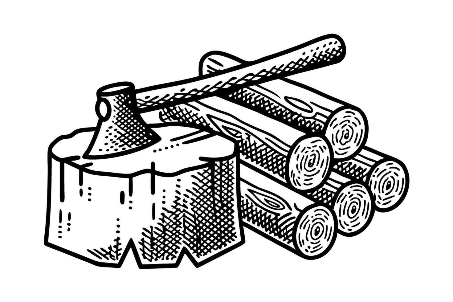 Chopped wood stack with axe on stump vintage illustration of lumberjack tools and firewood vector