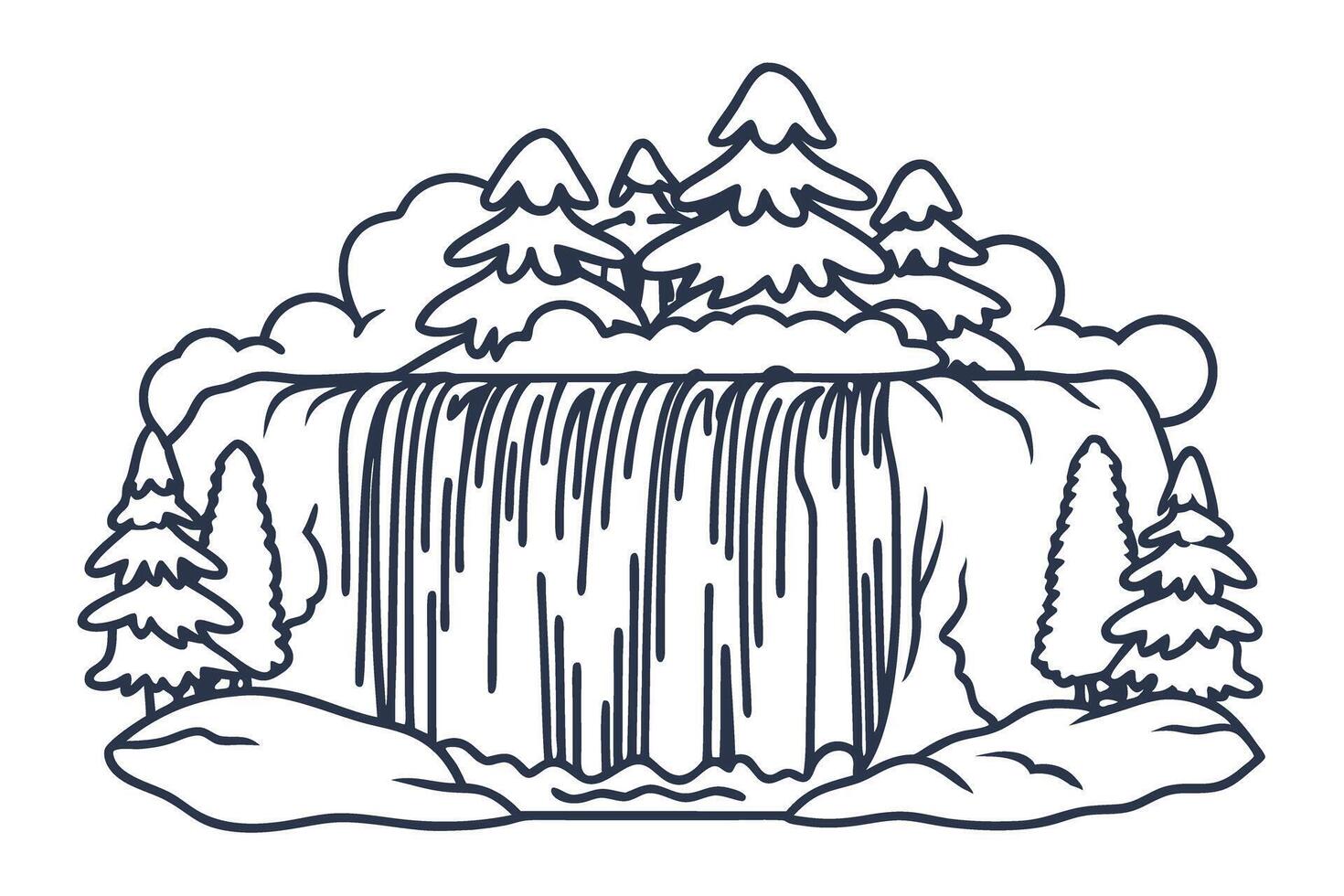 Scenic waterfall with pine trees and rocks landscape cascading nature line art illustration vector