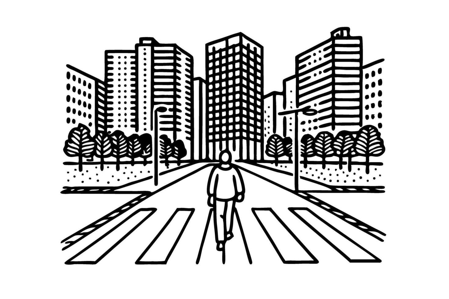 cyclist on urban street cityscape with skyscrapers, trees, and pedestrian crosswalk vector