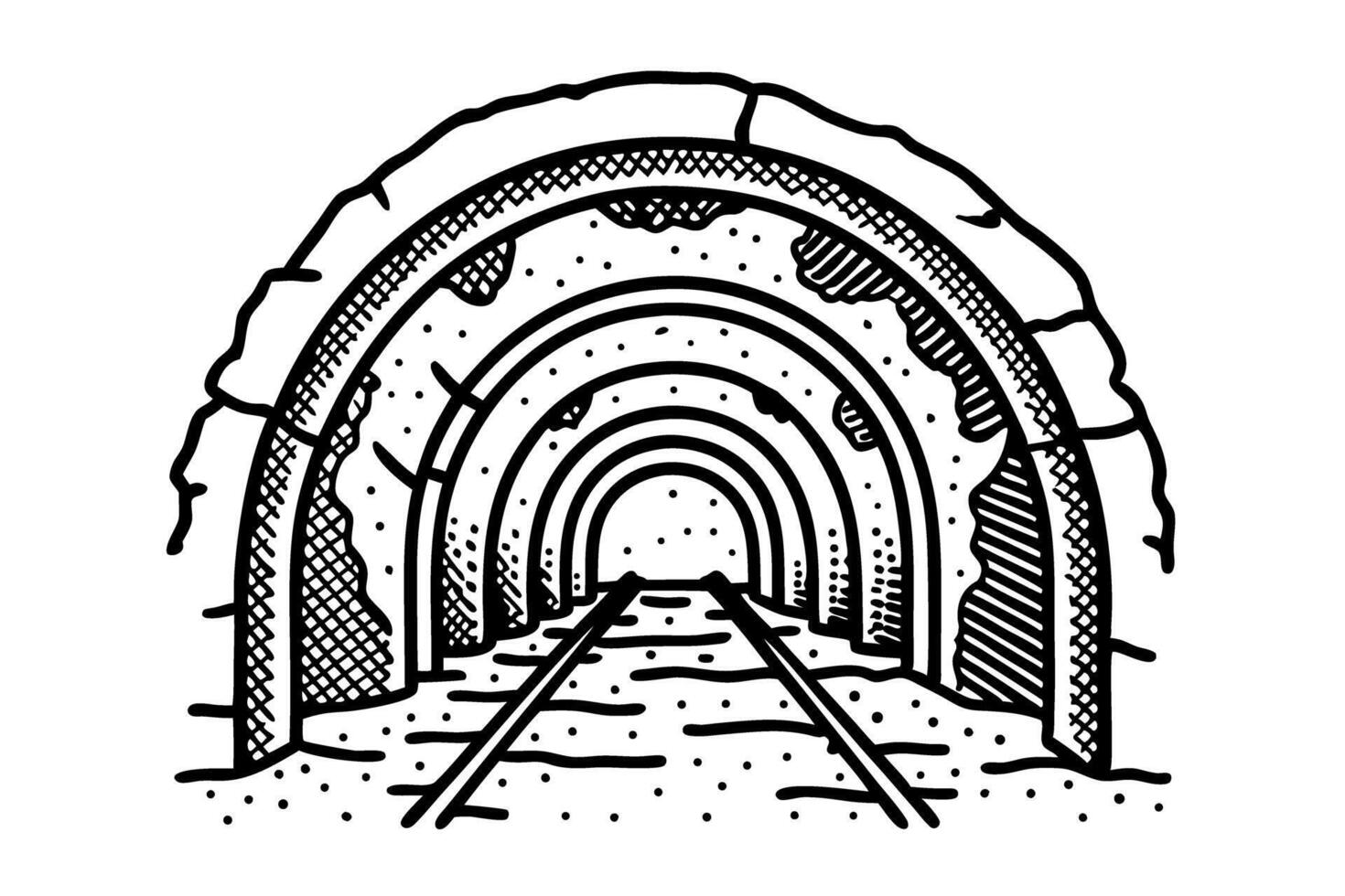 abstract underground tunnel design monochrome sketch, arch structure, railroad tracks, tunnel entrance vector