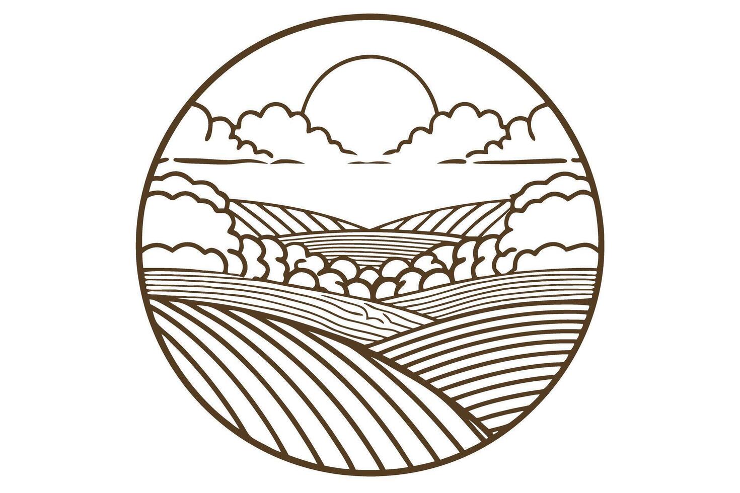 scenic countryside landscape with sun and clouds rolling hills, trees, agriculture harmony artwork vector