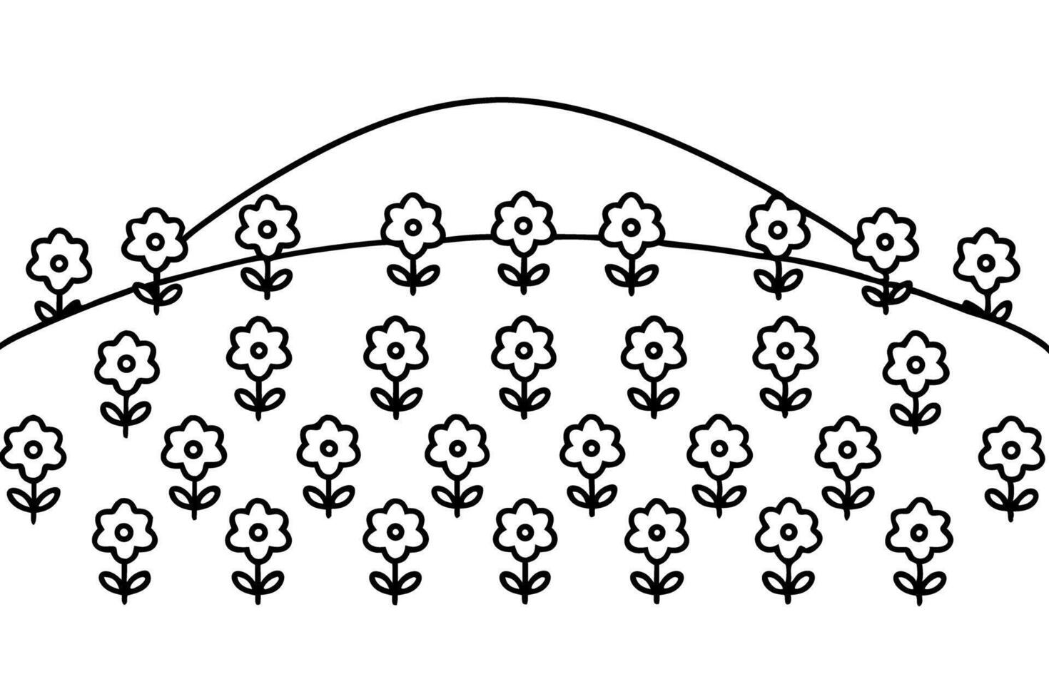 line art floral meadow, symmetrical flowers and curved horizon vector