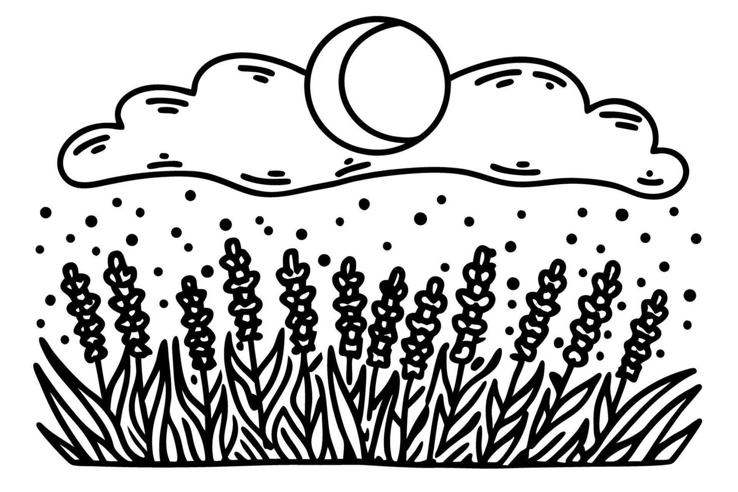 Monochrome floral meadow under cloudy sky with moon nature landscape, blossoms, night scene vector