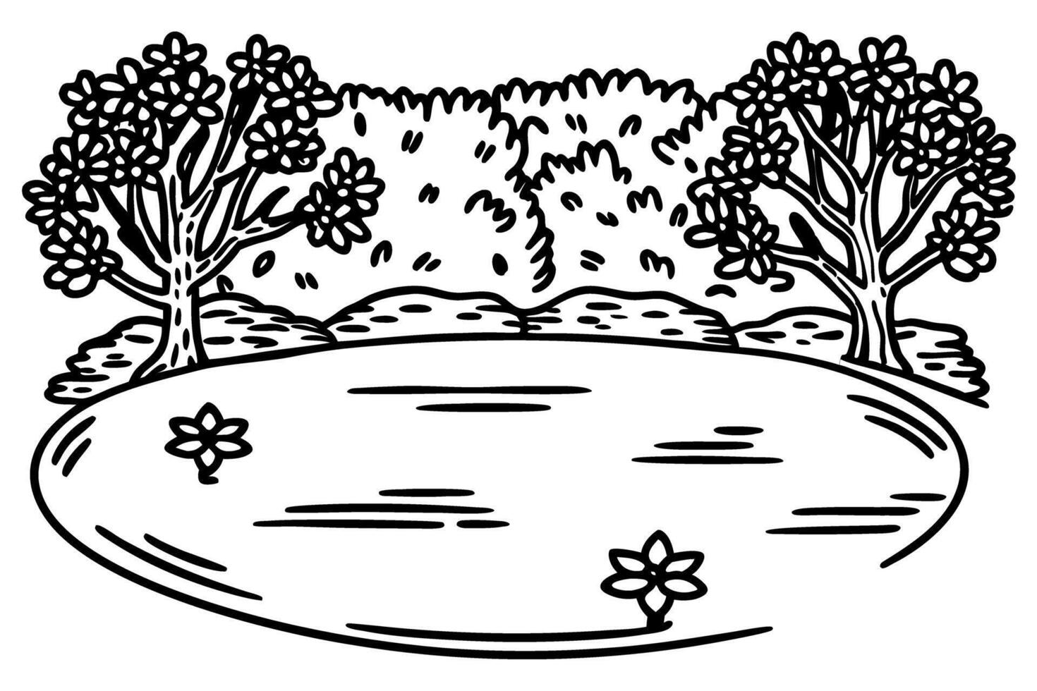Illustrated landscape with trees and pond, tranquil nature scene in black and white line art vector