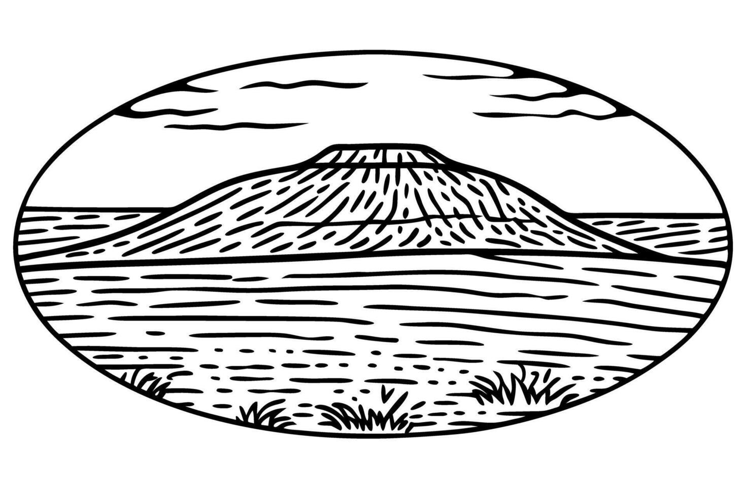 stylized volcano landscape illustration with ocean and clouds in oval frame vector