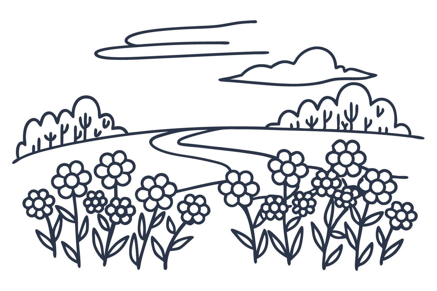 scenic landscape with blooming flowers and rolling hills in simple line art drawing vector