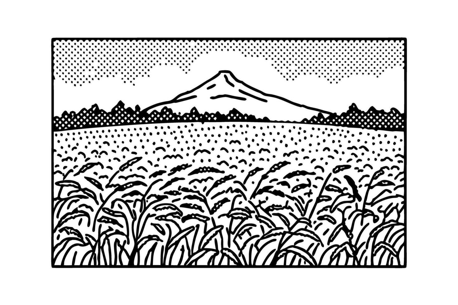 Black and white landscape with fields and distant mountain, classic illustration vector