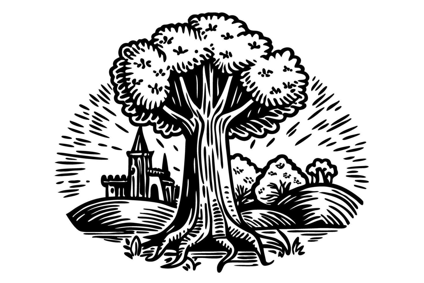 majestic tree and castle in scenic landscape, black and white illustration of nature and history vector