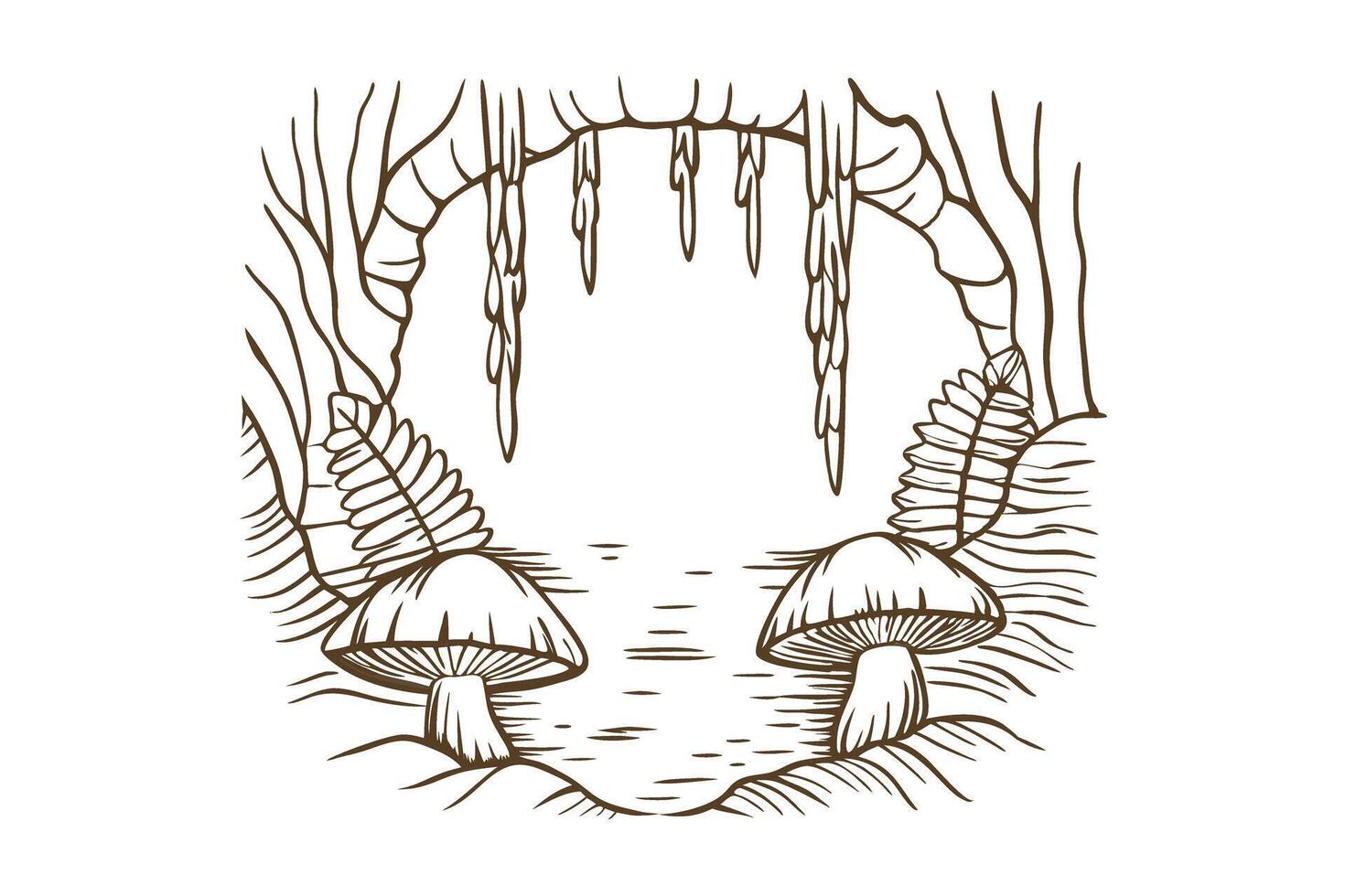 Cave entrance with mushrooms and ferns in detailed ink drawing vector
