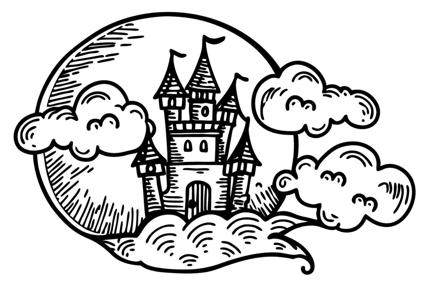 Vintage fairytale castle inside moon and clouds dreamy fantasy illustration in black and white vector